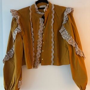 Ulla Johnson Mustard Lace-Trim Ruffled Cotton Blouse